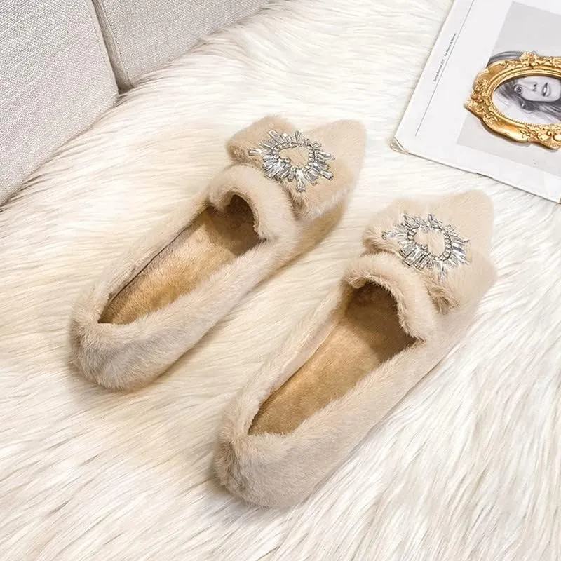 Women's Glitter Rhinestone Wedding Flats Winter Fur Dress Shoes Pointed Toe Ballet Flats