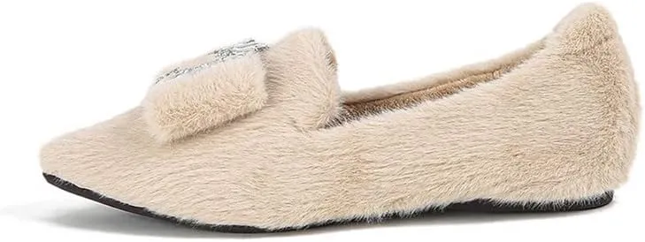 Women's Glitter Rhinestone Wedding Flats Winter Fur Dress Shoes Pointed Toe Ballet Flats