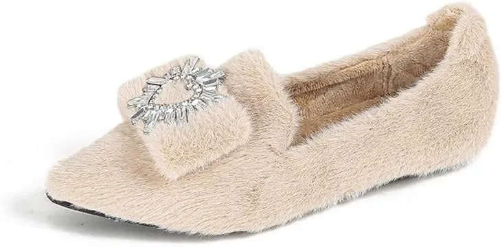 Women's Glitter Rhinestone Wedding Flats Winter Fur Dress Shoes Pointed Toe Ballet Flats