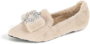 Women's Glitter Rhinestone Wedding Flats Winter Fur Dress Shoes Pointed Toe Ballet Flats