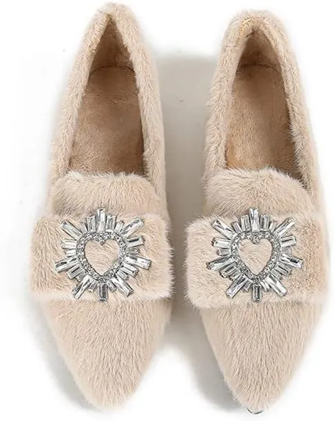 Women's Glitter Rhinestone Wedding Flats Winter Fur Dress Shoes Pointed Toe Ballet Flats