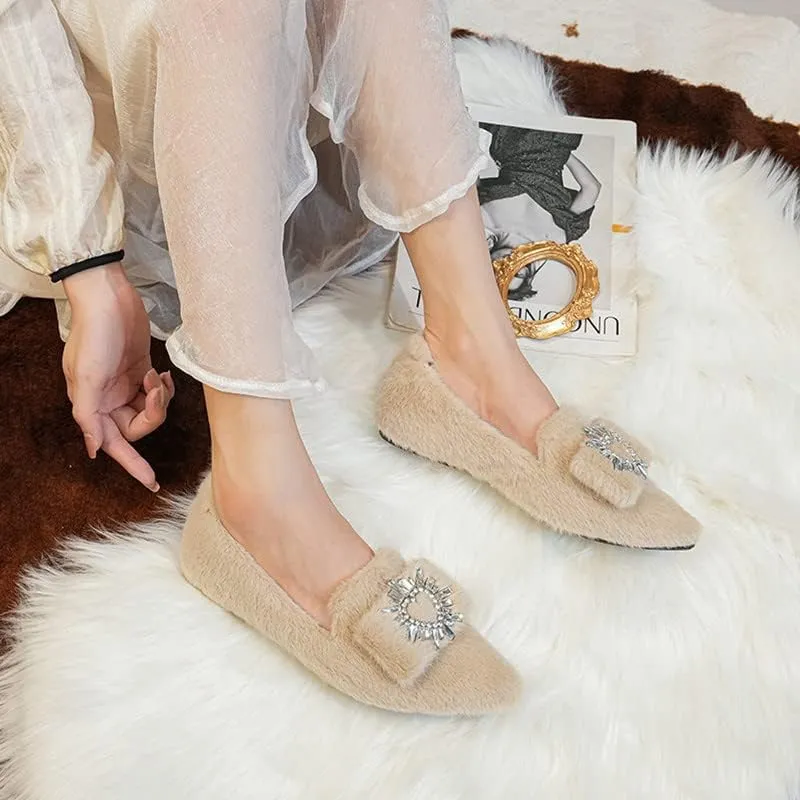Women's Glitter Rhinestone Wedding Flats Winter Fur Dress Shoes Pointed Toe Ballet Flats