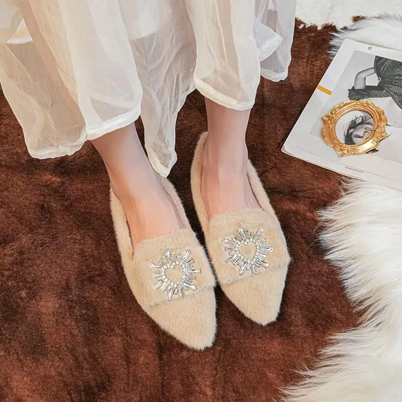 Women's Glitter Rhinestone Wedding Flats Winter Fur Dress Shoes Pointed Toe Ballet Flats