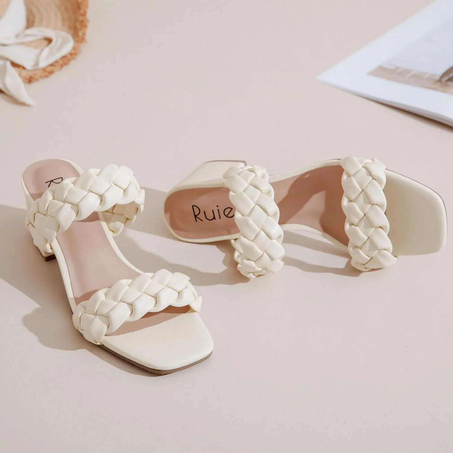 Women's Heels Braided Heeled Sandals, Squear Open Toe Slides Sandals Slip on Chunky Heel Sandals Dressy Summer Shoes for Women.