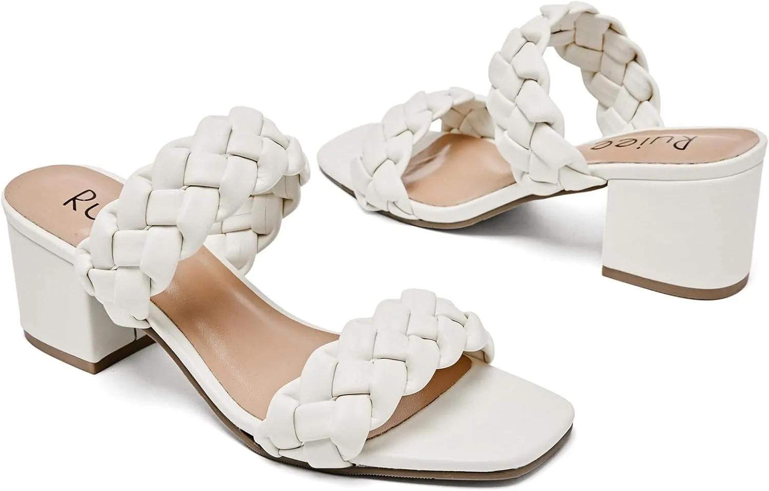 Women's Heels Braided Heeled Sandals, Squear Open Toe Slides Sandals Slip on Chunky Heel Sandals Dressy Summer Shoes for Women.