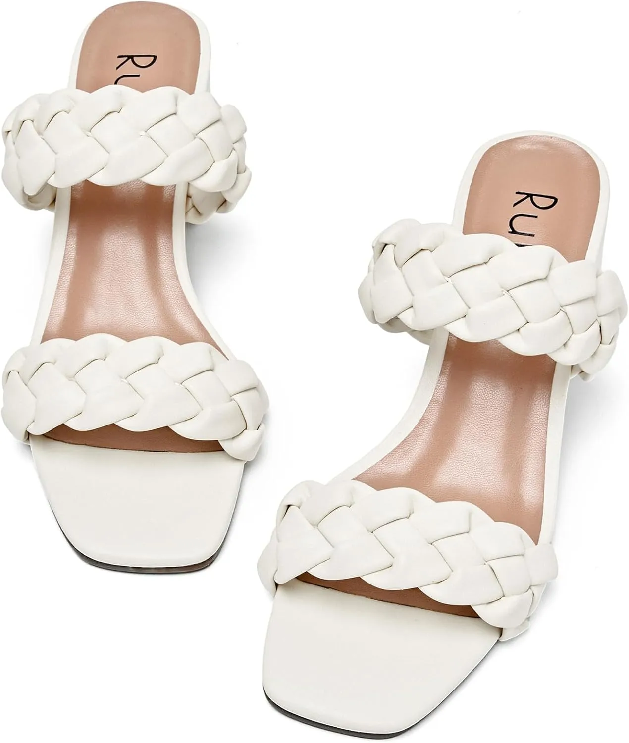 Women's Heels Braided Heeled Sandals, Squear Open Toe Slides Sandals Slip on Chunky Heel Sandals Dressy Summer Shoes for Women.