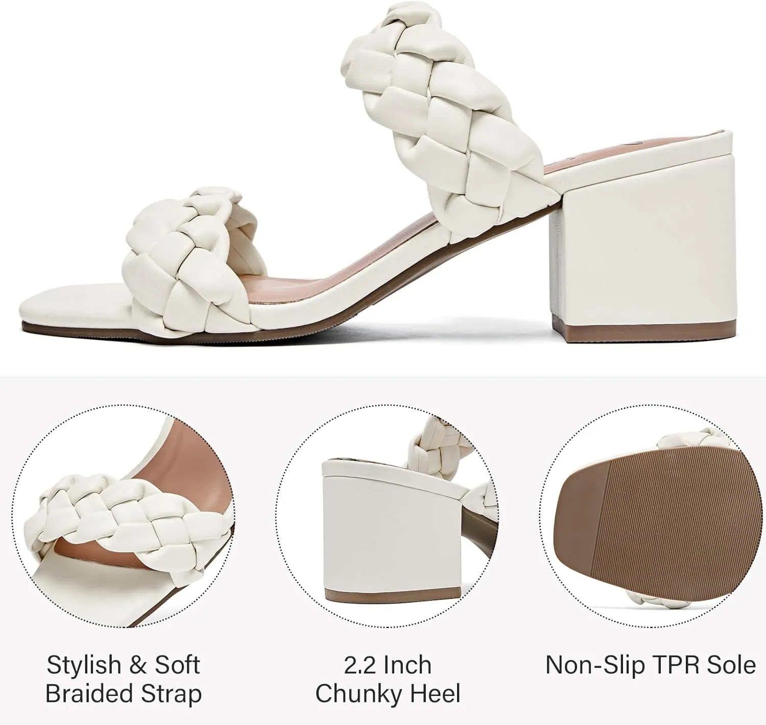 Women's Heels Braided Heeled Sandals, Squear Open Toe Slides Sandals Slip on Chunky Heel Sandals Dressy Summer Shoes for Women.