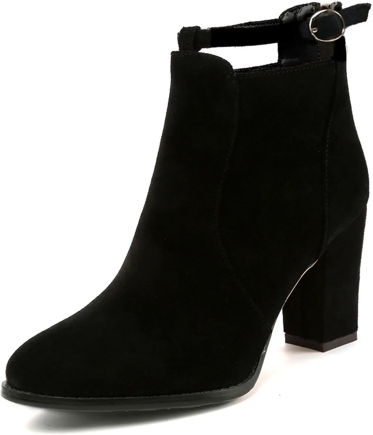 Womens High Heel Buckle Ankle Booties Slip On Pointed Toe Chunky Stacked Heel Short Boots Comfort Back Zipper Boot