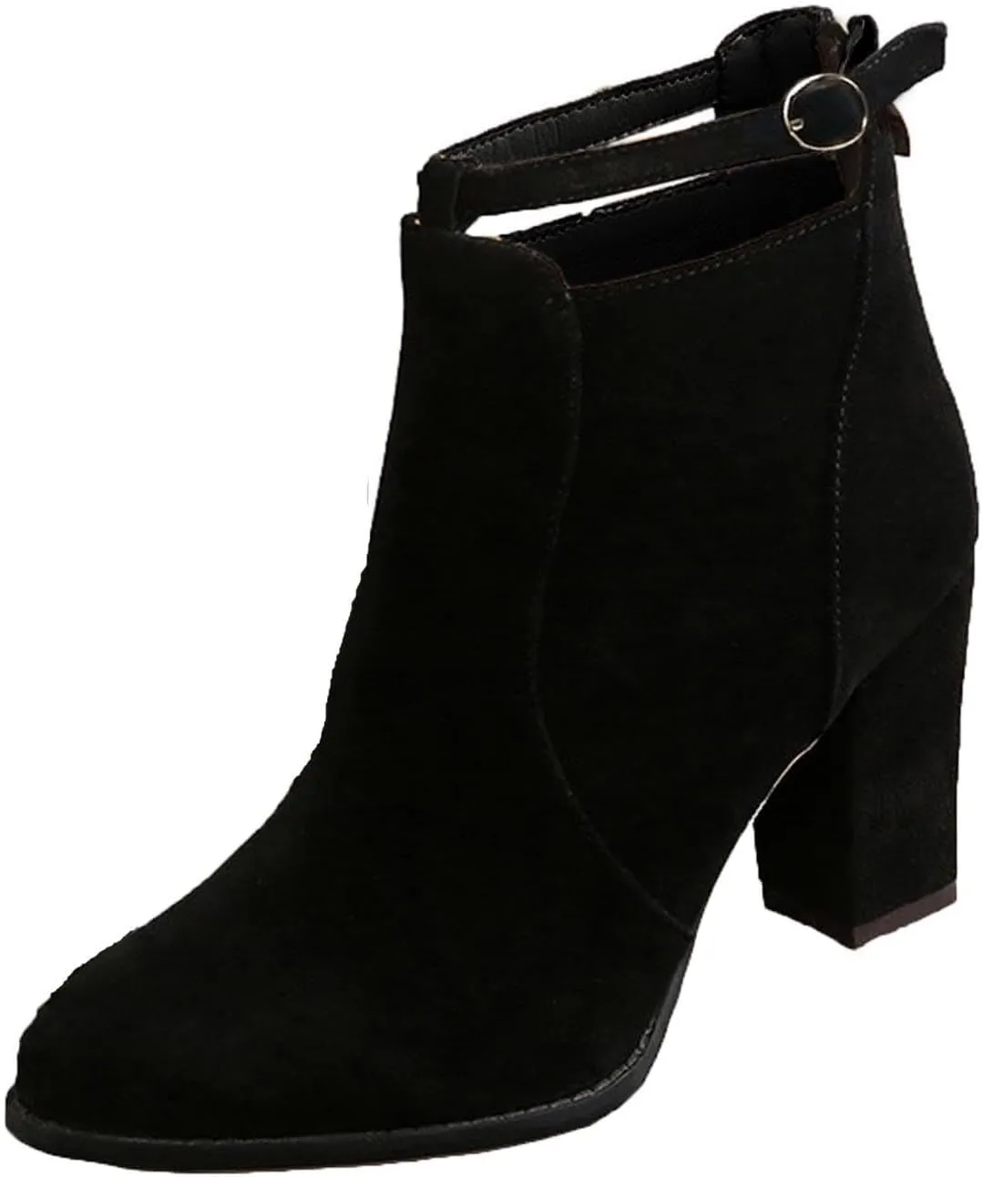 Womens High Heel Buckle Ankle Booties Slip On Pointed Toe Chunky Stacked Heel Short Boots Comfort Back Zipper Boot
