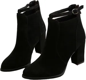 Womens High Heel Buckle Ankle Booties Slip On Pointed Toe Chunky Stacked Heel Short Boots Comfort Back Zipper Boot