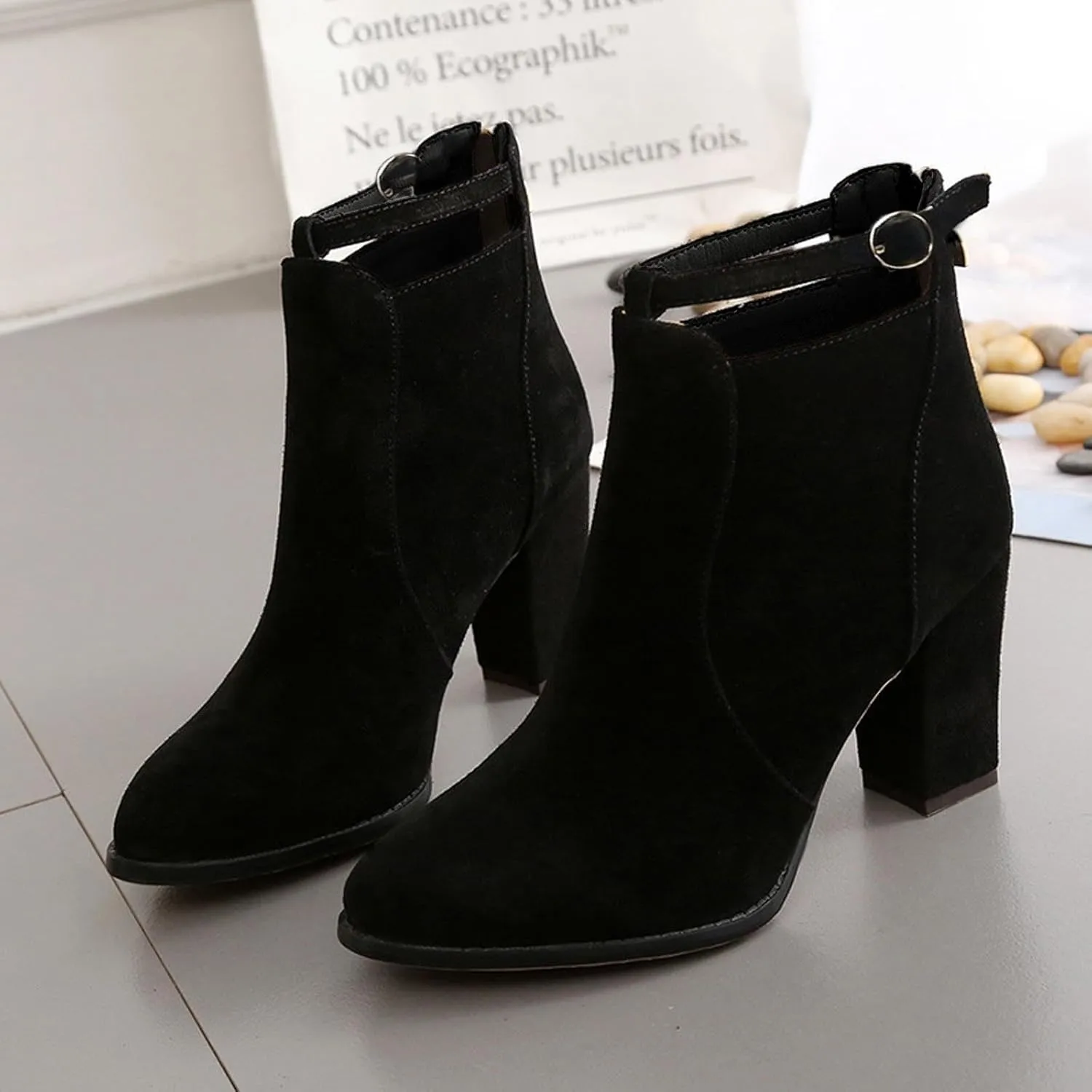 Womens High Heel Buckle Ankle Booties Slip On Pointed Toe Chunky Stacked Heel Short Boots Comfort Back Zipper Boot