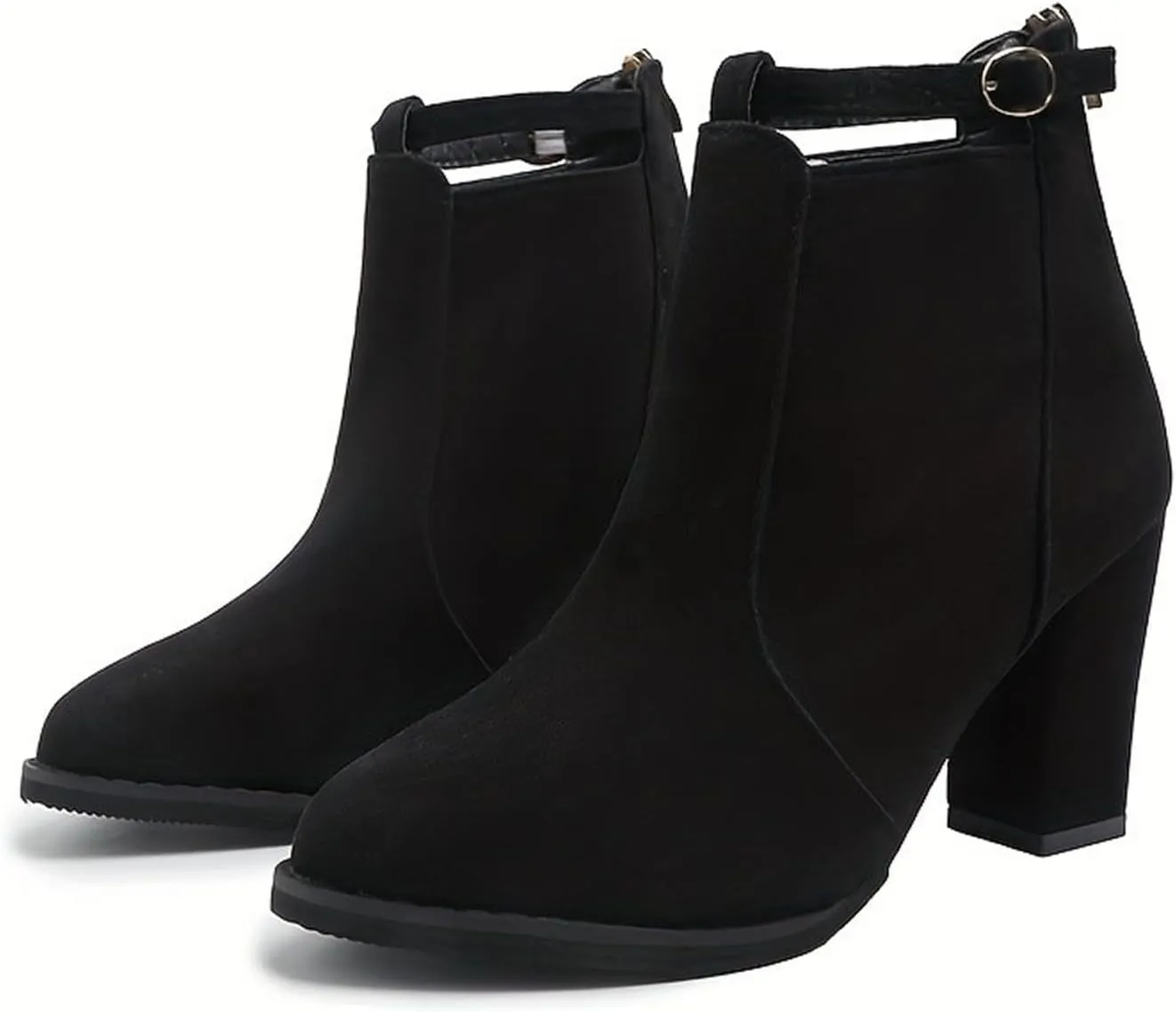 Womens High Heel Buckle Ankle Booties Slip On Pointed Toe Chunky Stacked Heel Short Boots Comfort Back Zipper Boot