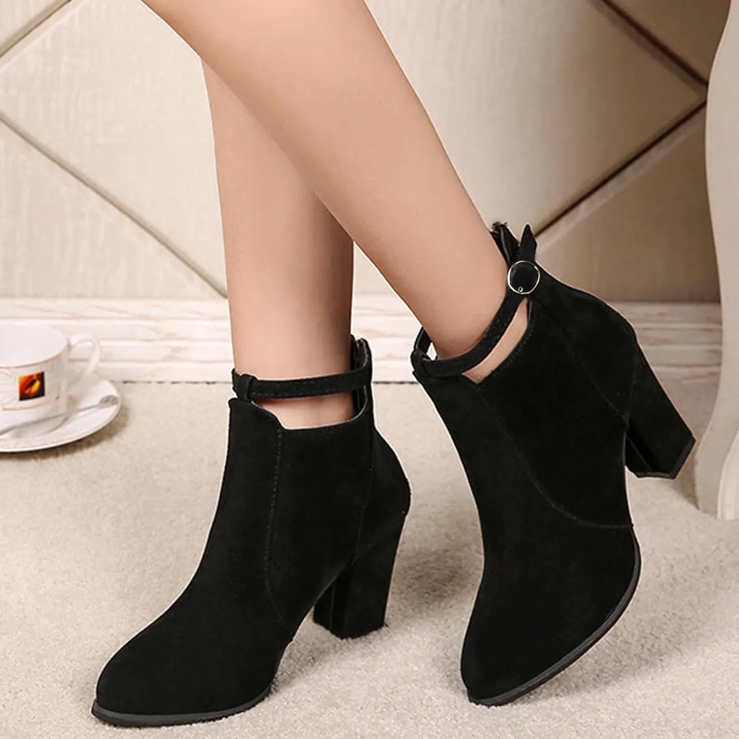 Womens High Heel Buckle Ankle Booties Slip On Pointed Toe Chunky Stacked Heel Short Boots Comfort Back Zipper Boot