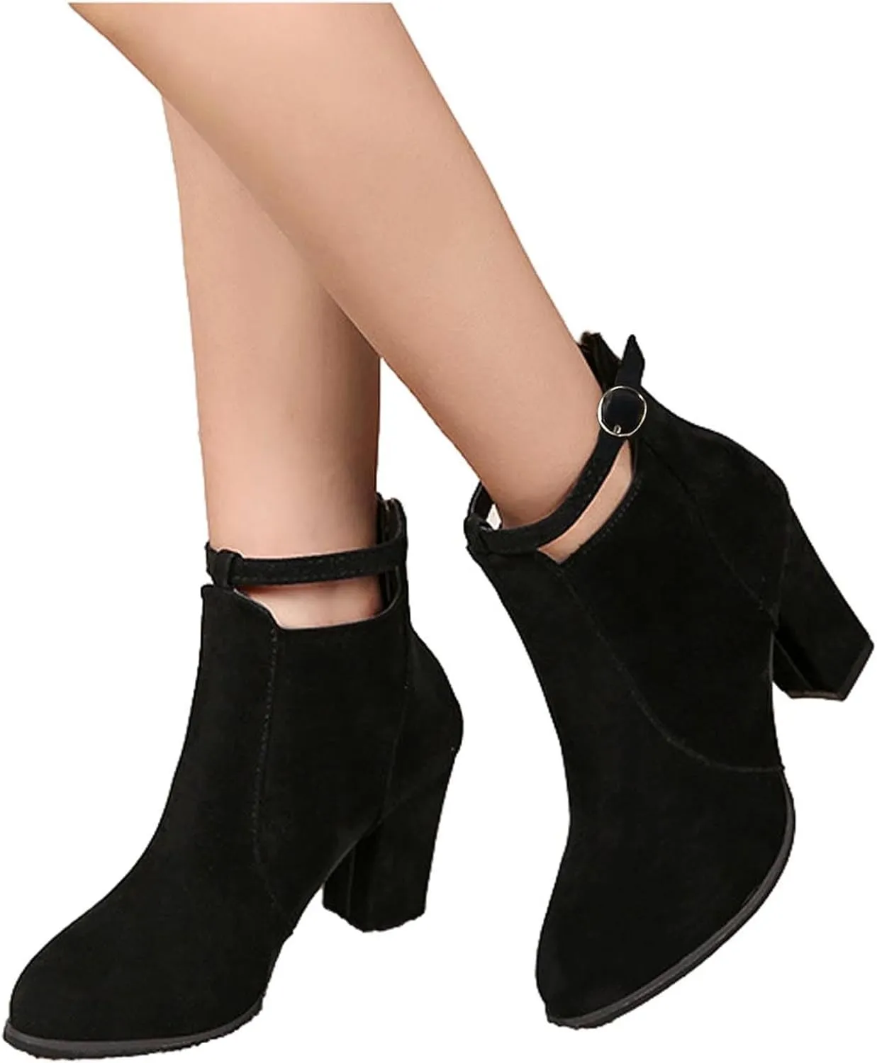 Womens High Heel Buckle Ankle Booties Slip On Pointed Toe Chunky Stacked Heel Short Boots Comfort Back Zipper Boot