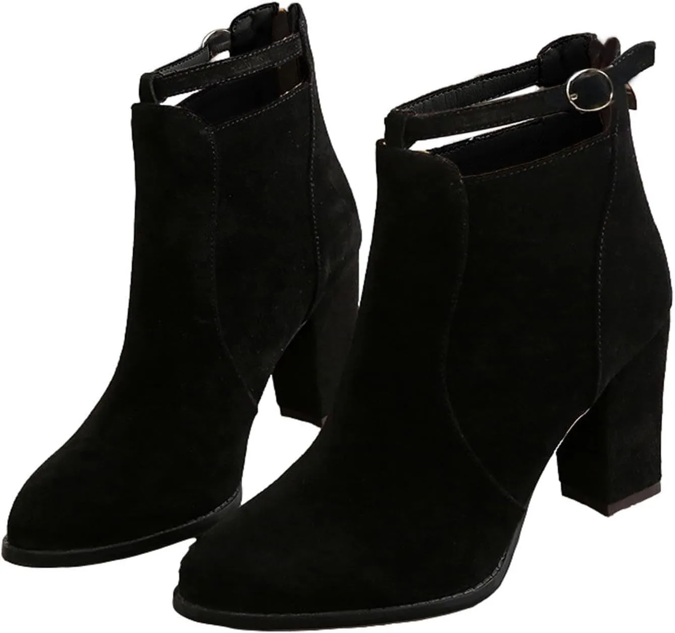 Womens High Heel Buckle Ankle Booties Slip On Pointed Toe Chunky Stacked Heel Short Boots Comfort Back Zipper Boot