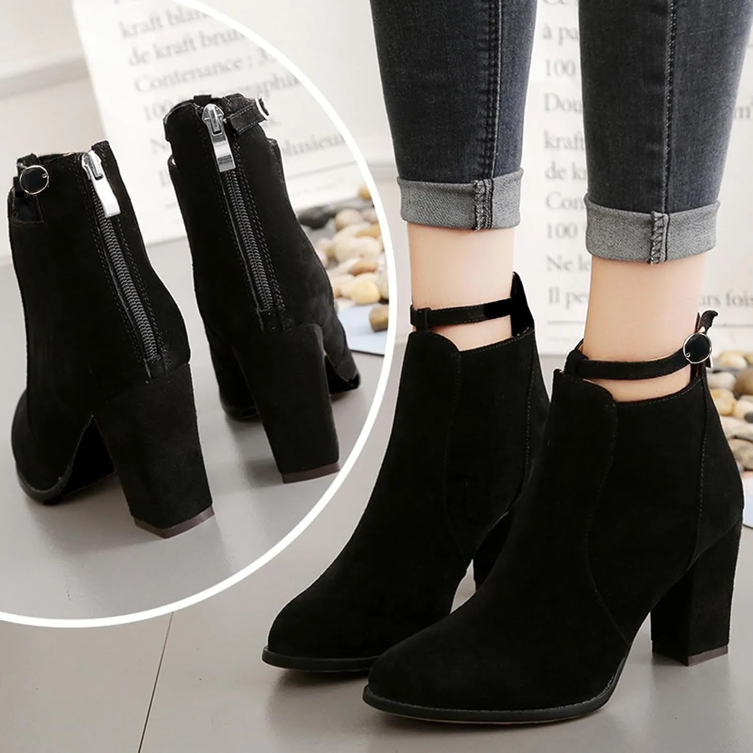Womens High Heel Buckle Ankle Booties Slip On Pointed Toe Chunky Stacked Heel Short Boots Comfort Back Zipper Boot