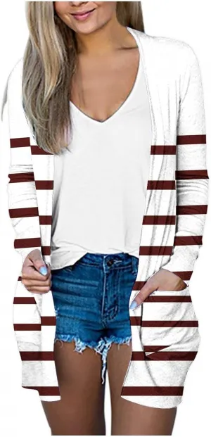 Womens Open Front Long Sleeve Cardigan Striped Cardigans Casual Lightweight Trendy Sweater with Pockets
