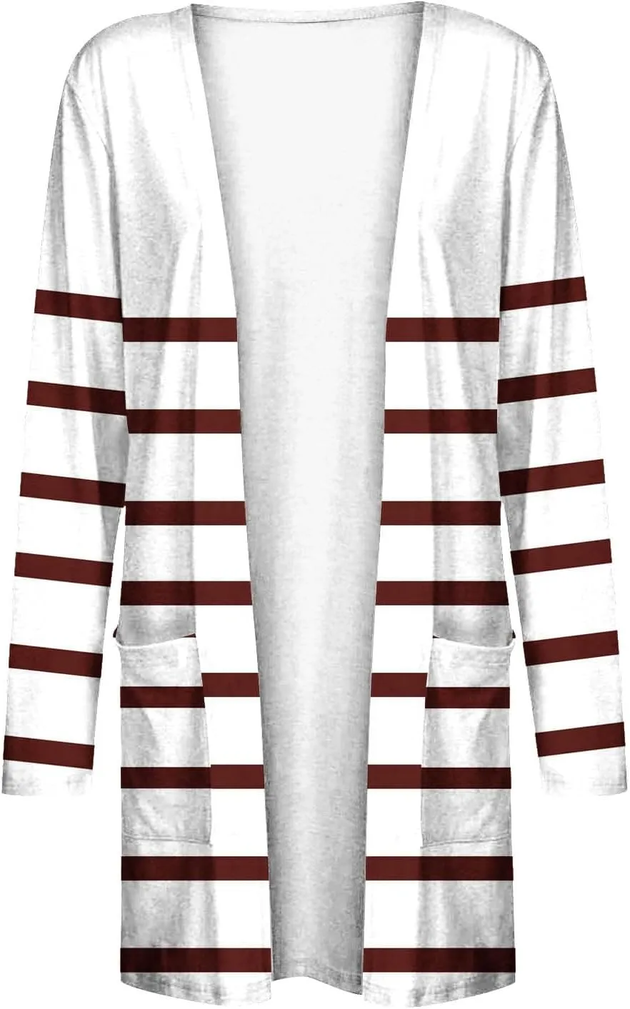 Womens Open Front Long Sleeve Cardigan Striped Cardigans Casual Lightweight Trendy Sweater with Pockets