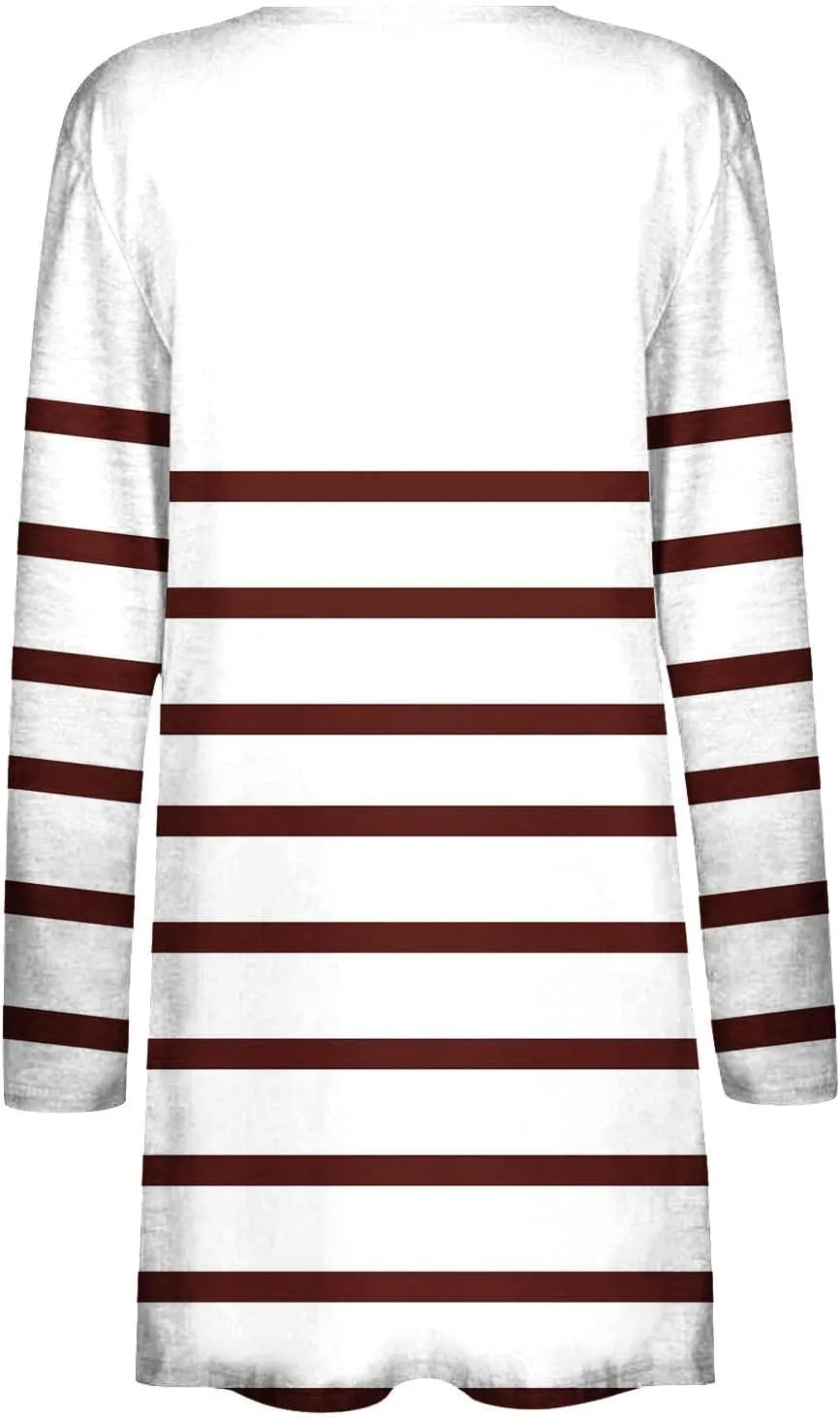 Womens Open Front Long Sleeve Cardigan Striped Cardigans Casual Lightweight Trendy Sweater with Pockets