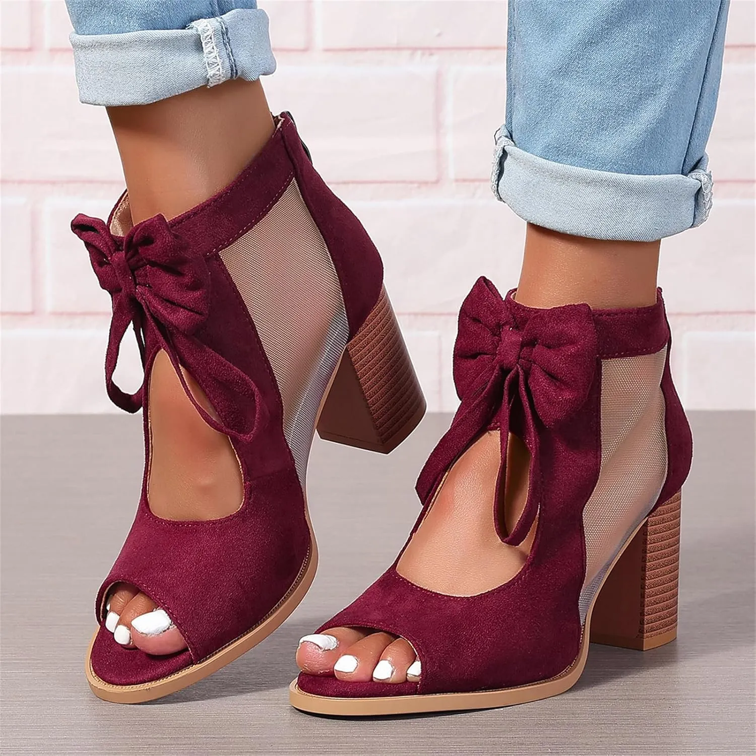 Women's Peep Toe Cutout Sandals Bowknot Mesh Chunky High Heel Sandals Back Zipper Wedding Party Dressy Ankle Booties