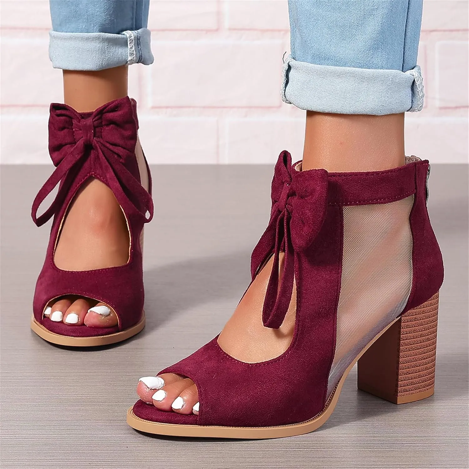 Women's Peep Toe Cutout Sandals Bowknot Mesh Chunky High Heel Sandals Back Zipper Wedding Party Dressy Ankle Booties