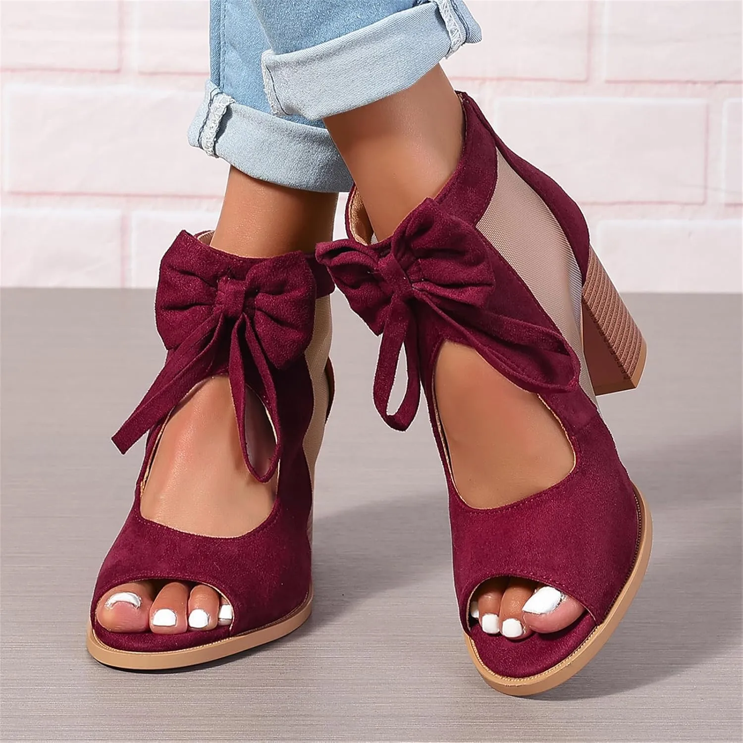 Women's Peep Toe Cutout Sandals Bowknot Mesh Chunky High Heel Sandals Back Zipper Wedding Party Dressy Ankle Booties