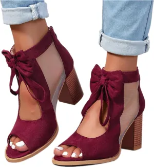 Women's Peep Toe Cutout Sandals Bowknot Mesh Chunky High Heel Sandals Back Zipper Wedding Party Dressy Ankle Booties
