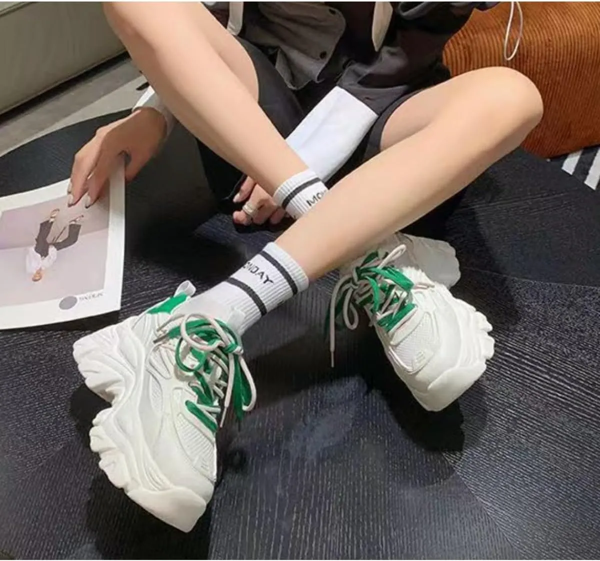 Women's Platform Chunky Dad Sneakers - 2.4" Height Increasing Fashion Shoes with Double Laces, Breathable Mesh Walking Shoes (White/Blue, White/Green, White/Beige)