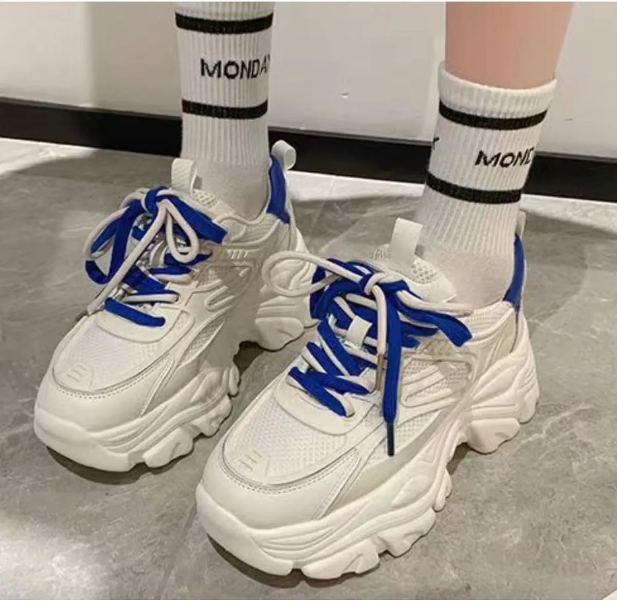 Women's Platform Chunky Dad Sneakers - 2.4" Height Increasing Fashion Shoes with Double Laces, Breathable Mesh Walking Shoes (White/Blue, White/Green, White/Beige)