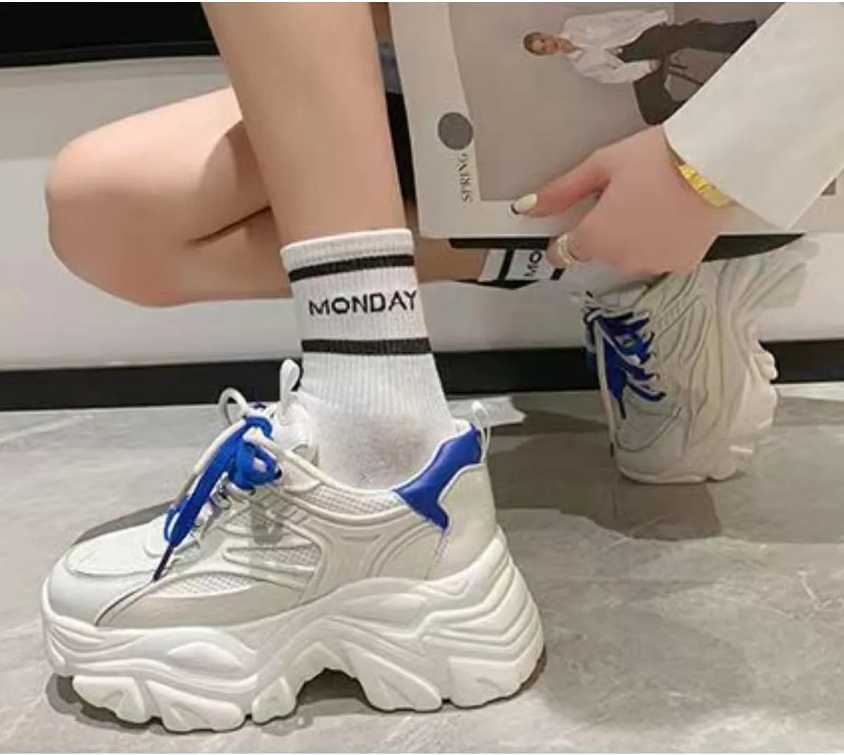 Women's Platform Chunky Dad Sneakers - 2.4" Height Increasing Fashion Shoes with Double Laces, Breathable Mesh Walking Shoes (White/Blue, White/Green, White/Beige)