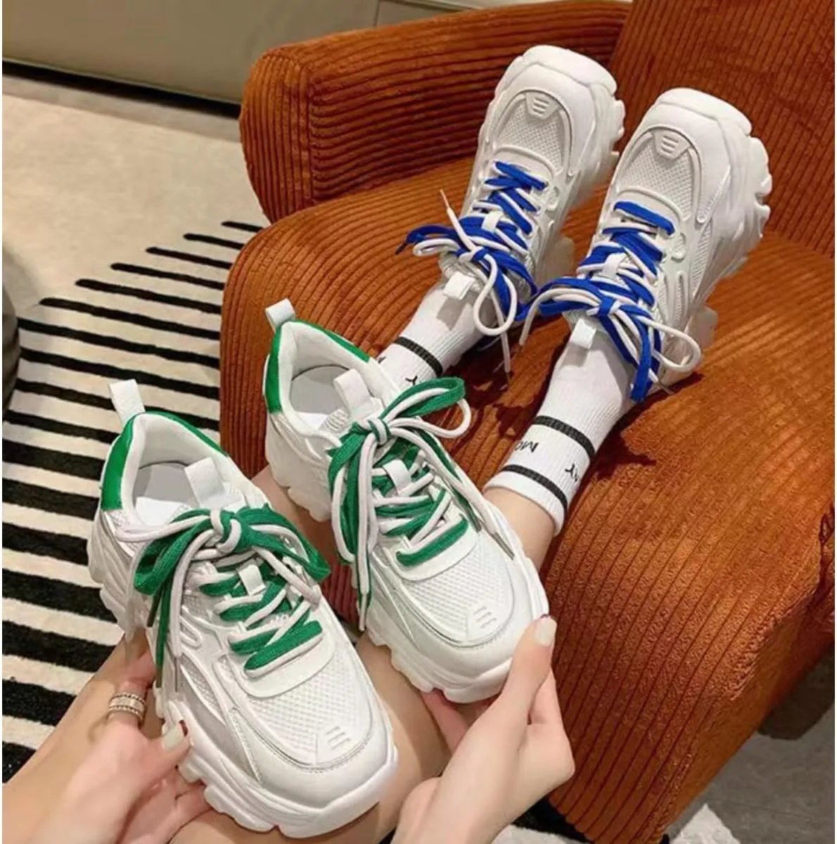 Women's Platform Chunky Dad Sneakers - 2.4" Height Increasing Fashion Shoes with Double Laces, Breathable Mesh Walking Shoes (White/Blue, White/Green, White/Beige)