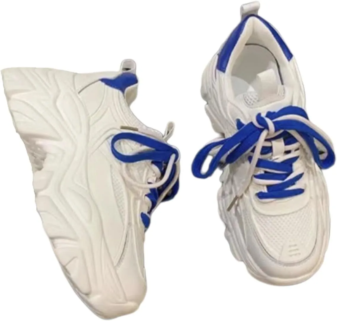 Women's Platform Chunky Dad Sneakers - 2.4" Height Increasing Fashion Shoes with Double Laces, Breathable Mesh Walking Shoes (White/Blue, White/Green, White/Beige)