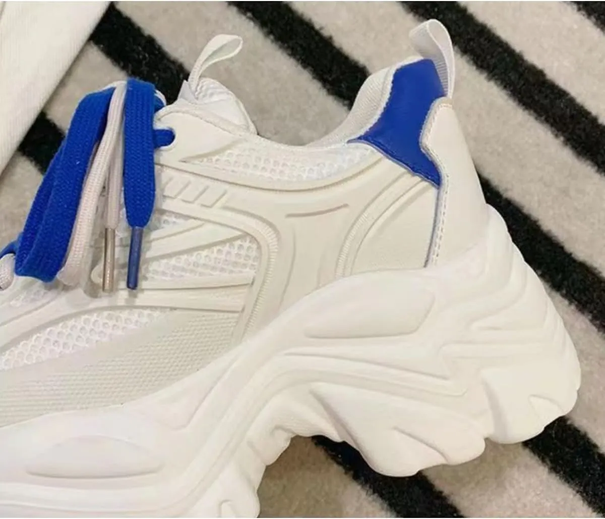 Women's Platform Chunky Dad Sneakers - 2.4" Height Increasing Fashion Shoes with Double Laces, Breathable Mesh Walking Shoes (White/Blue, White/Green, White/Beige)