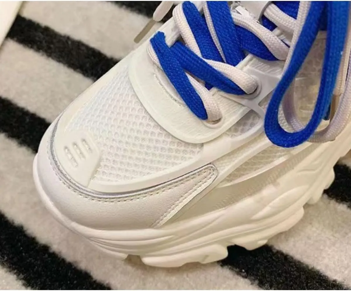 Women's Platform Chunky Dad Sneakers - 2.4" Height Increasing Fashion Shoes with Double Laces, Breathable Mesh Walking Shoes (White/Blue, White/Green, White/Beige)