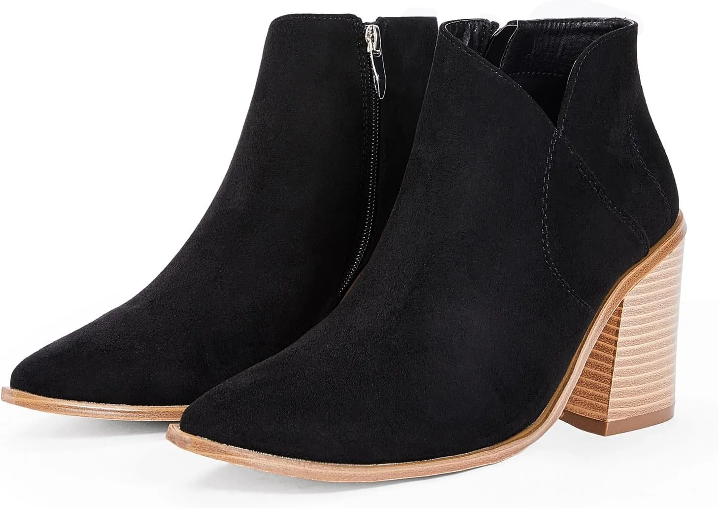 Womens Pointed Toe Ankle Boots Block Stacked Chunky Heel Cutout Side Zipper Fall Booties Shoe