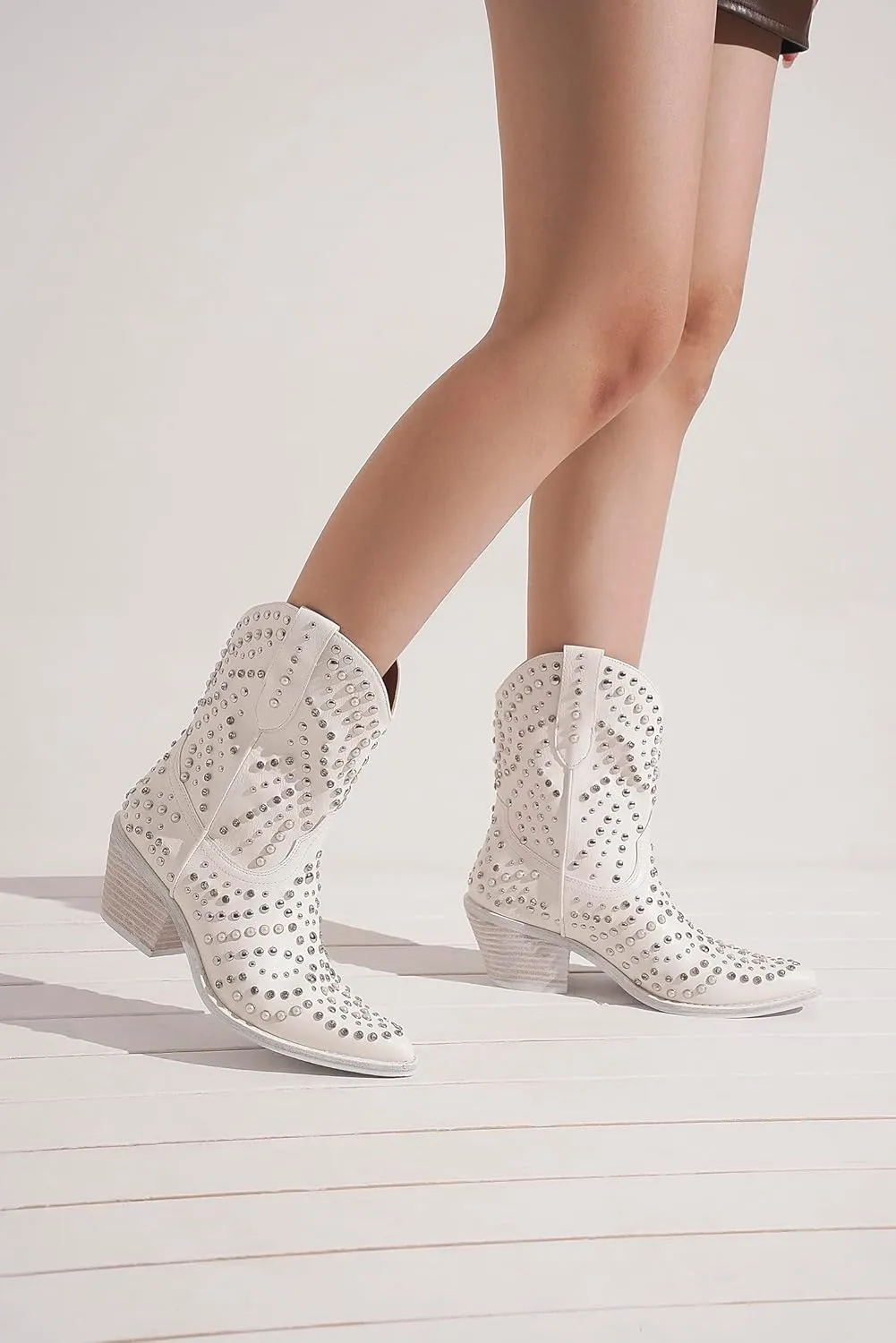 Women's Purple Studded Rhinestone Pearl Western-Modern Fusion Boots - Pointed Toe, Block Heel, Pull-On - Size Women's Boot