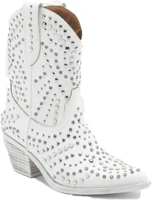 Women's Purple Studded Rhinestone Pearl Western-Modern Fusion Boots - Pointed Toe, Block Heel, Pull-On - Size Women's Boot