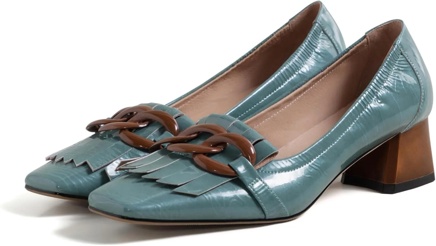 Women's Retro Loafers Shoes Genuine Leather Square Toe Heeled Loafers for Women Slip on Chunky Heel with Chain Tassels Handmade