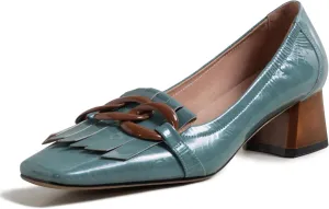 Women's Retro Loafers Shoes Genuine Leather Square Toe Heeled Loafers for Women Slip on Chunky Heel with Chain Tassels Handmade