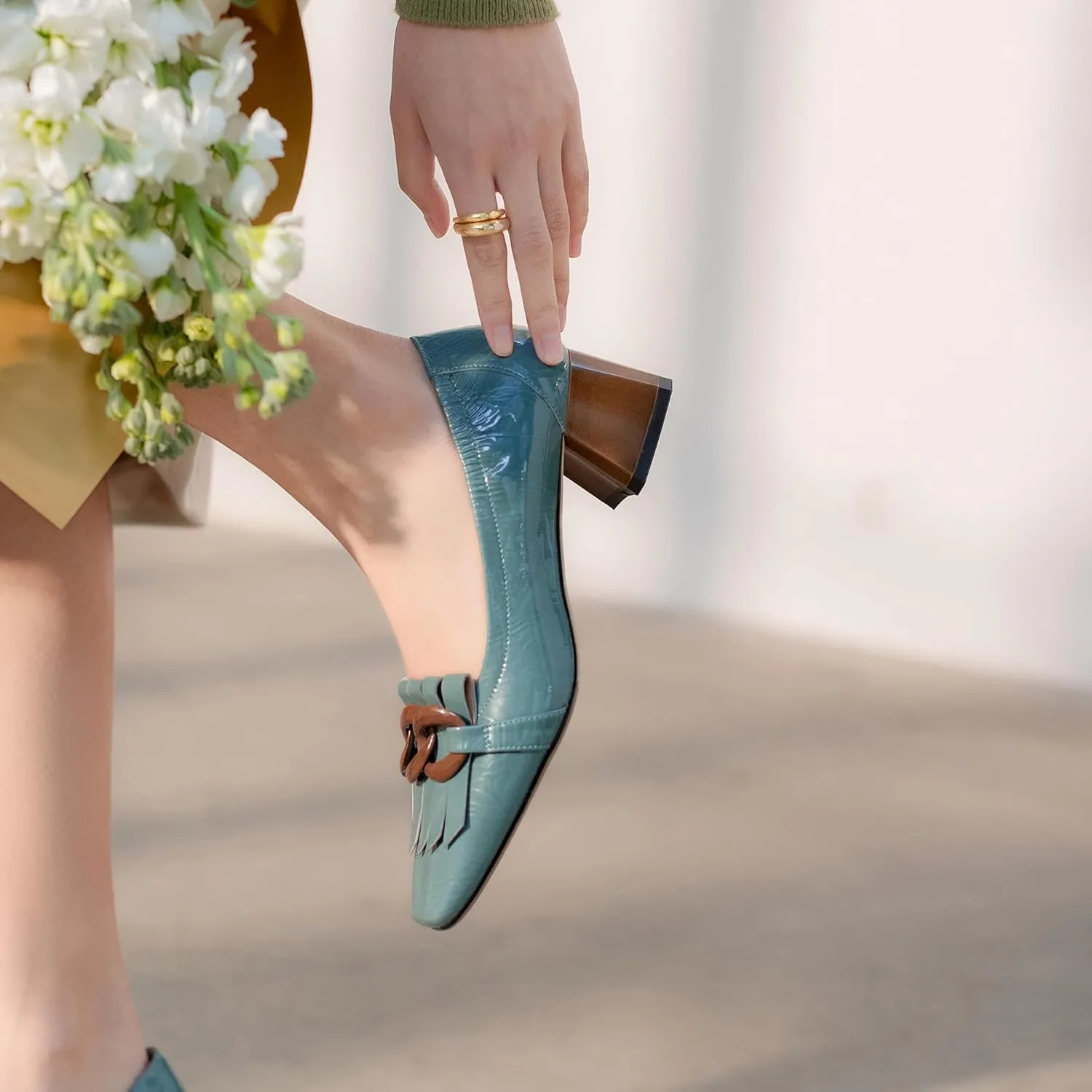 Women's Retro Loafers Shoes Genuine Leather Square Toe Heeled Loafers for Women Slip on Chunky Heel with Chain Tassels Handmade