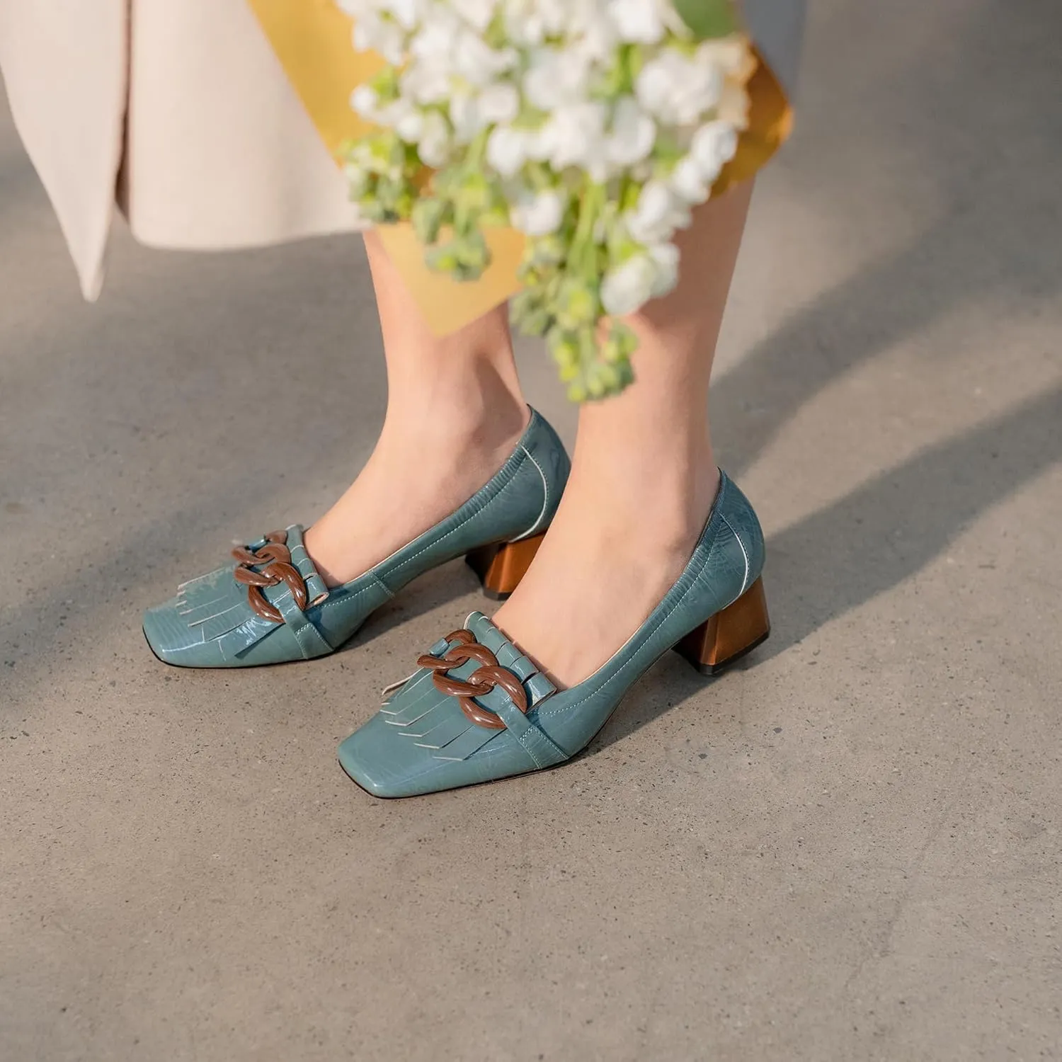 Women's Retro Loafers Shoes Genuine Leather Square Toe Heeled Loafers for Women Slip on Chunky Heel with Chain Tassels Handmade