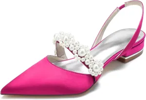 Women's Satin Wedding Flats for Bride Sling Back Pointy Toe Comfy Low Heel Drsssy Bridal Shoes Ladies Shoes