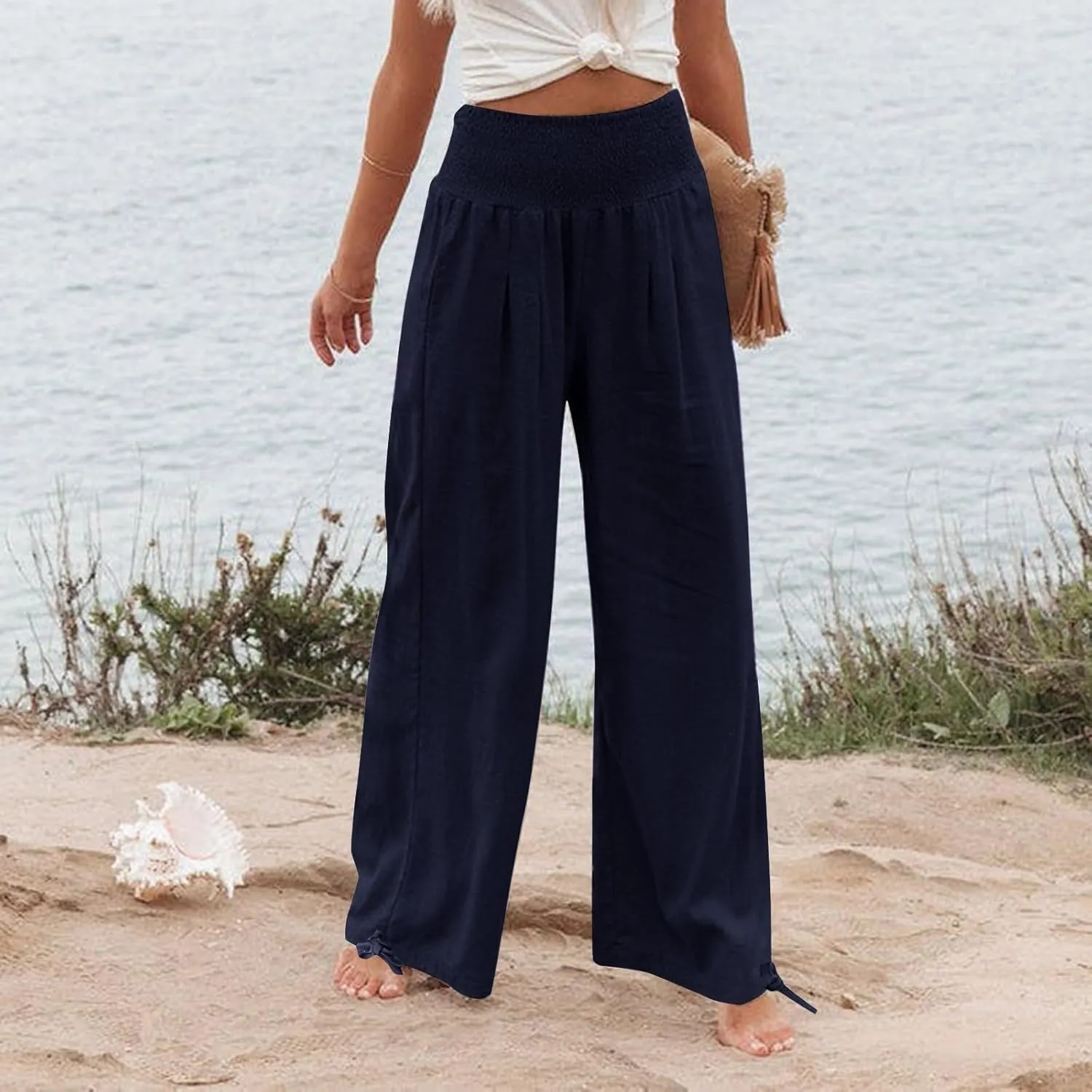 Womens Smocked High Waisted Linen Pants 2025 Casual Loose Wide Leg Palazzo Pants Flowy Beach Trousers with Pockets