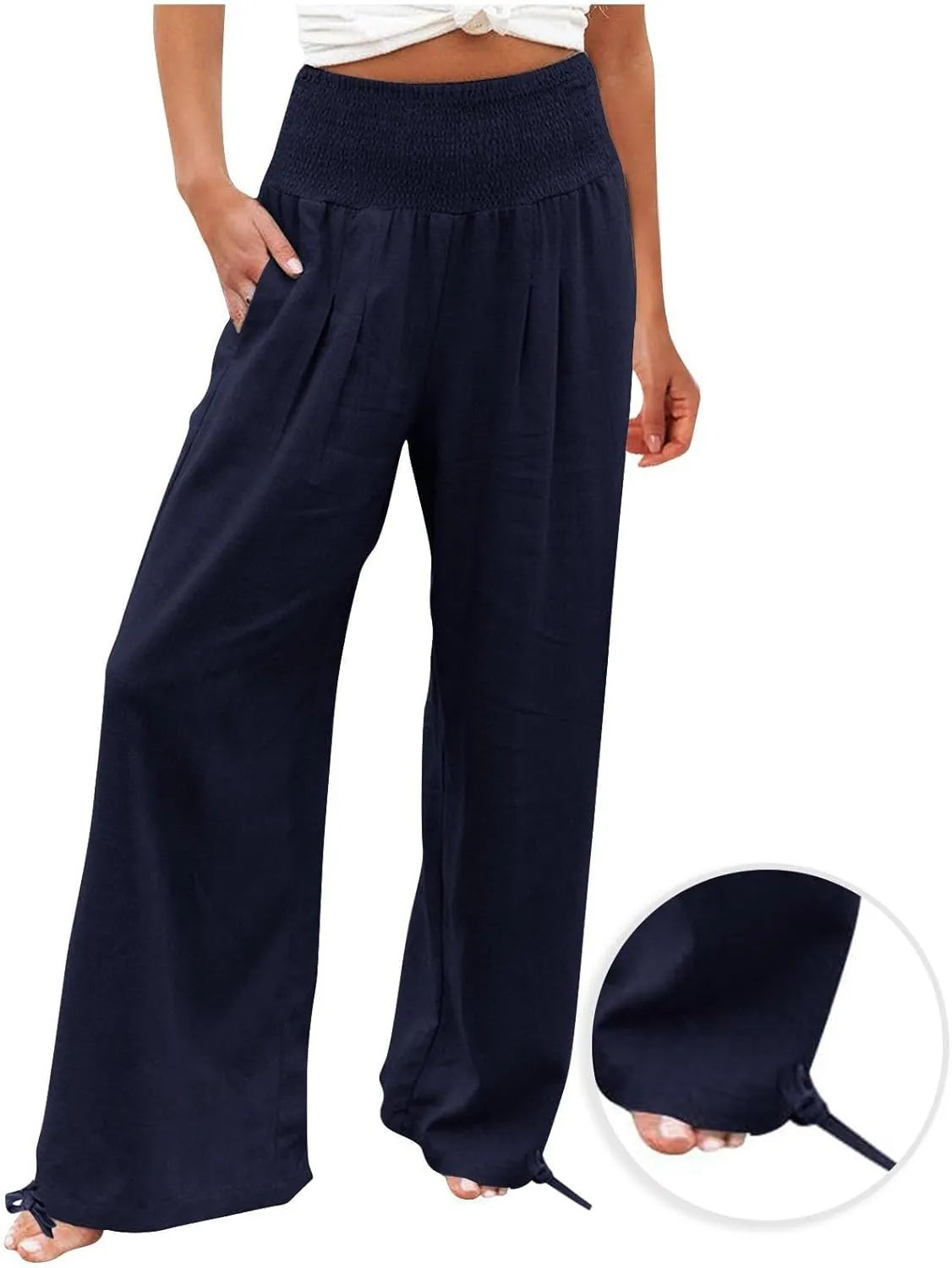 Womens Smocked High Waisted Linen Pants 2025 Casual Loose Wide Leg Palazzo Pants Flowy Beach Trousers with Pockets
