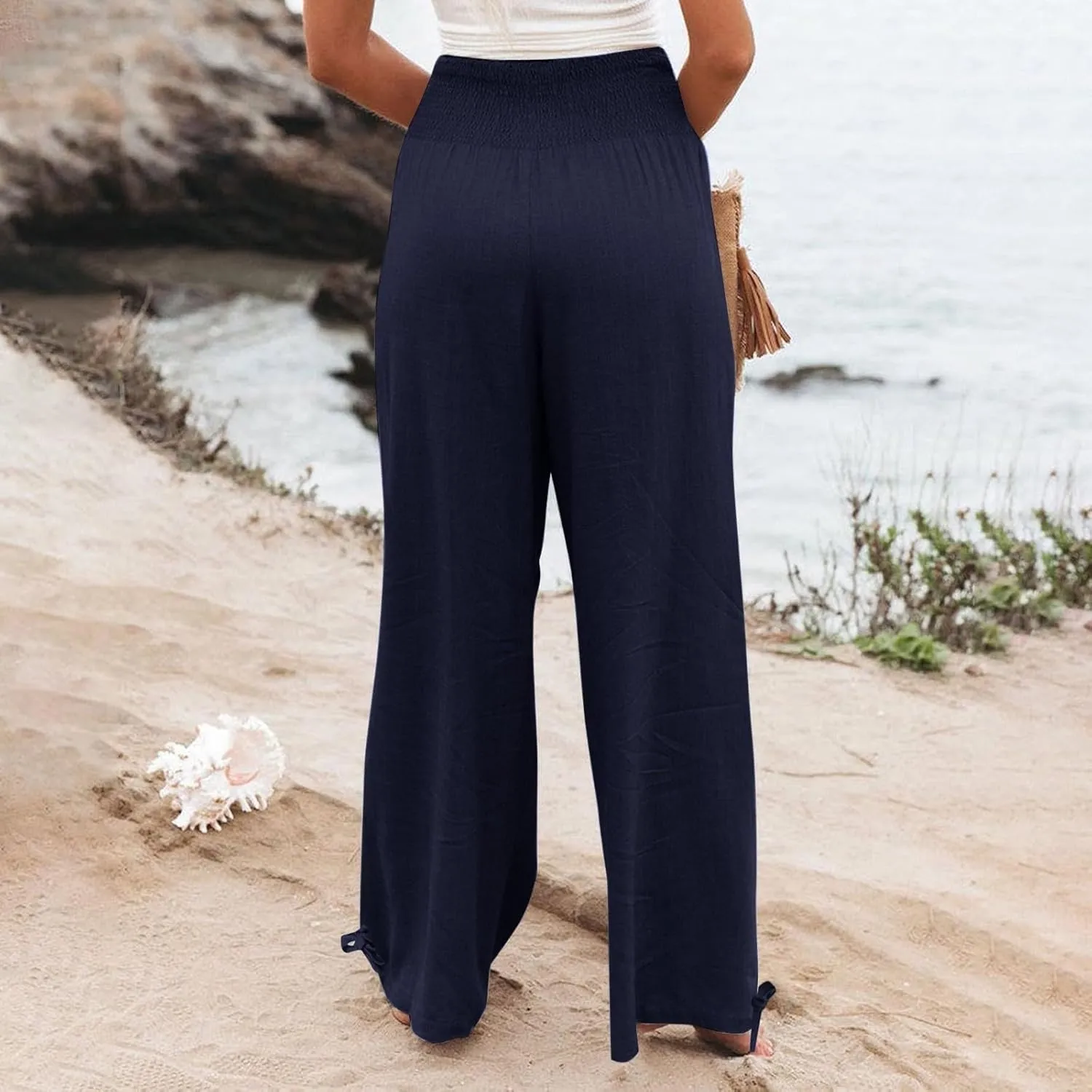 Womens Smocked High Waisted Linen Pants 2025 Casual Loose Wide Leg Palazzo Pants Flowy Beach Trousers with Pockets