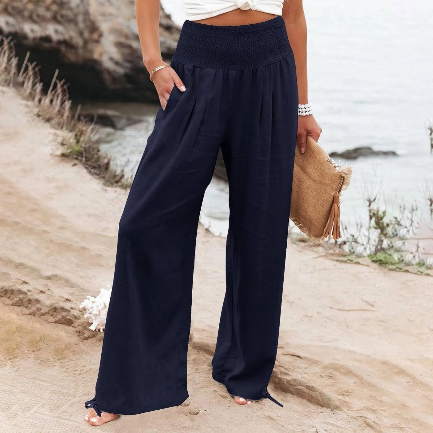 Womens Smocked High Waisted Linen Pants 2025 Casual Loose Wide Leg Palazzo Pants Flowy Beach Trousers with Pockets