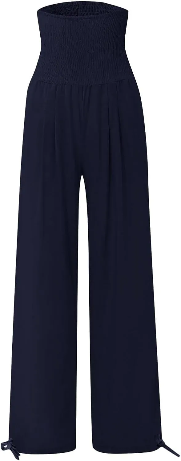 Womens Smocked High Waisted Linen Pants 2025 Casual Loose Wide Leg Palazzo Pants Flowy Beach Trousers with Pockets