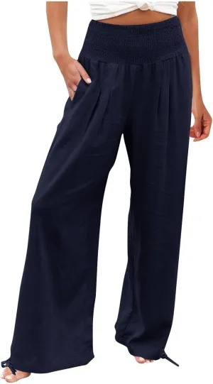 Womens Smocked High Waisted Linen Pants 2025 Casual Loose Wide Leg Palazzo Pants Flowy Beach Trousers with Pockets