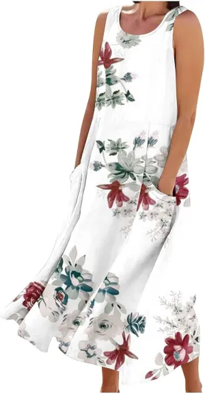 Womens Spring Summer Dresses Casual Round Neck Pleated Solid Color Beach Dress Swing Pleated Casual Vacation Dresses