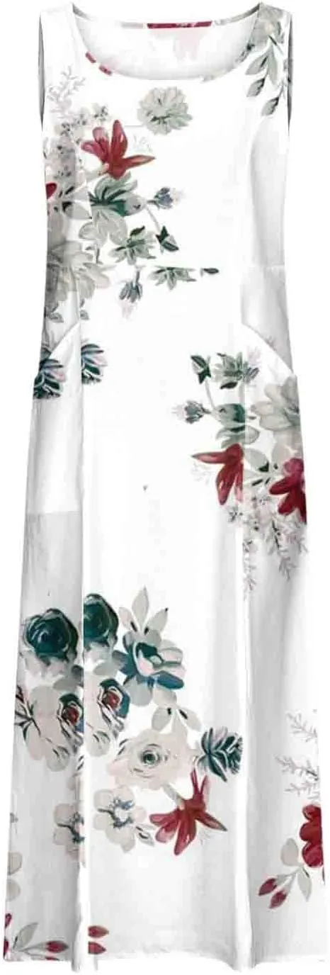 Womens Spring Summer Dresses Casual Round Neck Pleated Solid Color Beach Dress Swing Pleated Casual Vacation Dresses